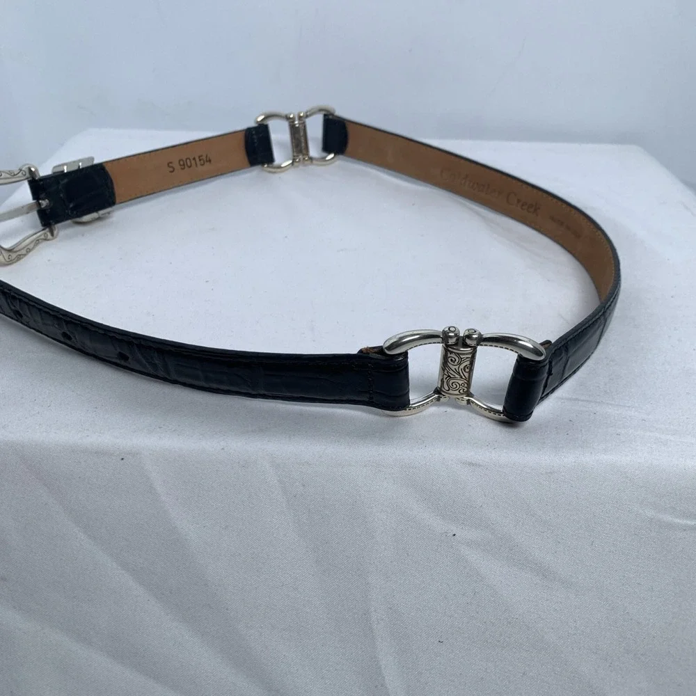 Coldwater Creek Belt Black Leather Metal Hardware Chain Links Sz S Lagenlook Y2